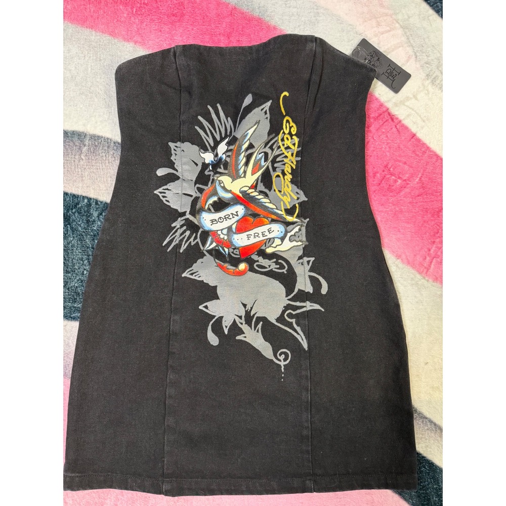 Ed Hardy Womens Strapless Denim Mini Dress Black Wash Tattoo Graphic WEHD3000-1